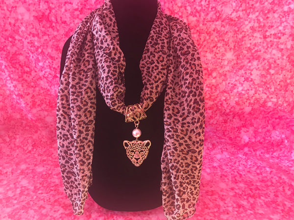 Cocoa colored cheetah scarf w/ cheetah pendant