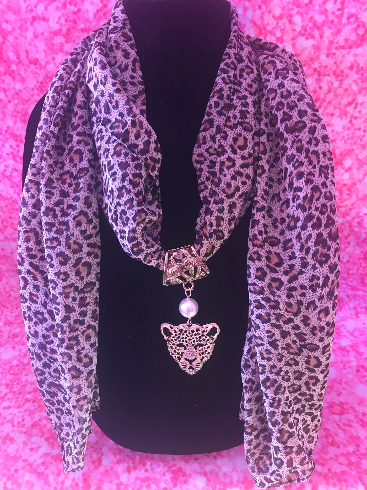 Cocoa colored cheetah scarf w/ cheetah pendant