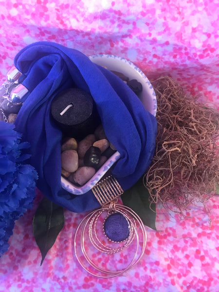 Short Blue Scarf Necklace with pendant