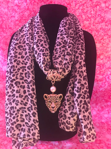 White Cheetah Scarf with Cheetah pendant