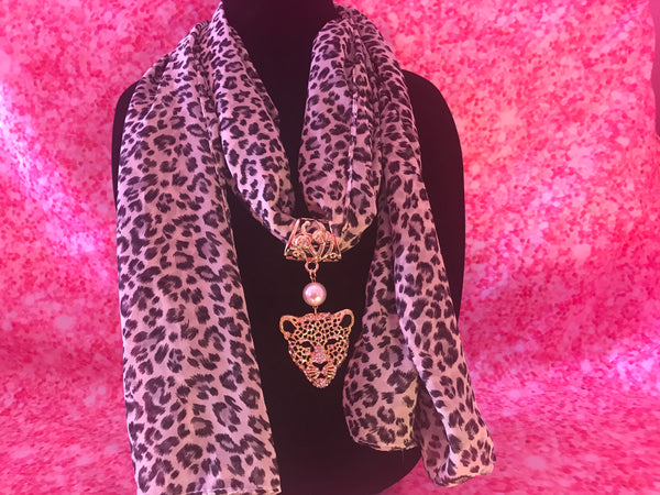 White Cheetah Scarf with Cheetah pendant