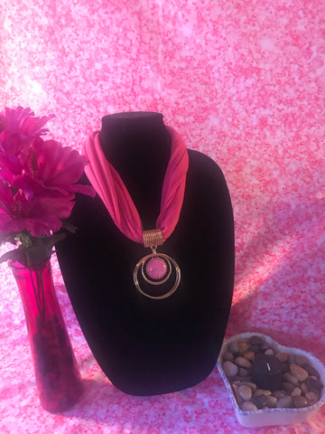 Short pink scarf necklace with pendant